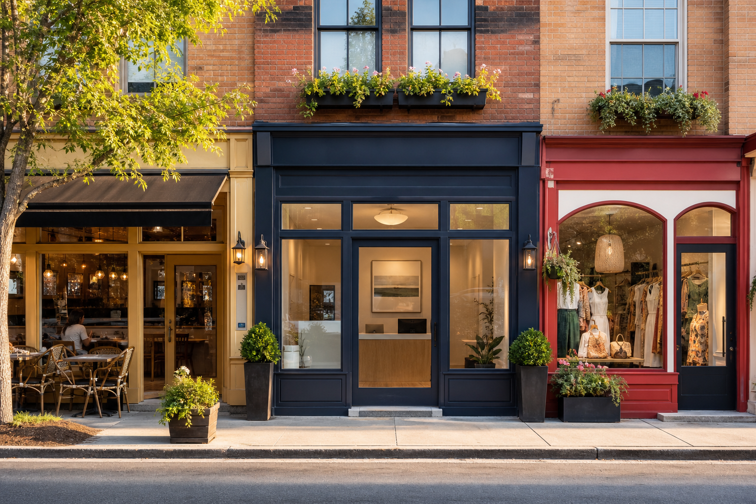 Row of different local business storefronts on a main street