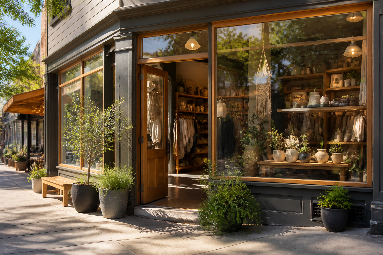 Charming neighborhood shop with large windows and plants by the entrance