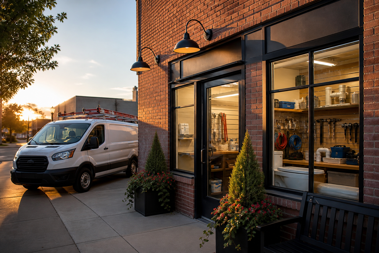 Local service business storefront with a work van outside